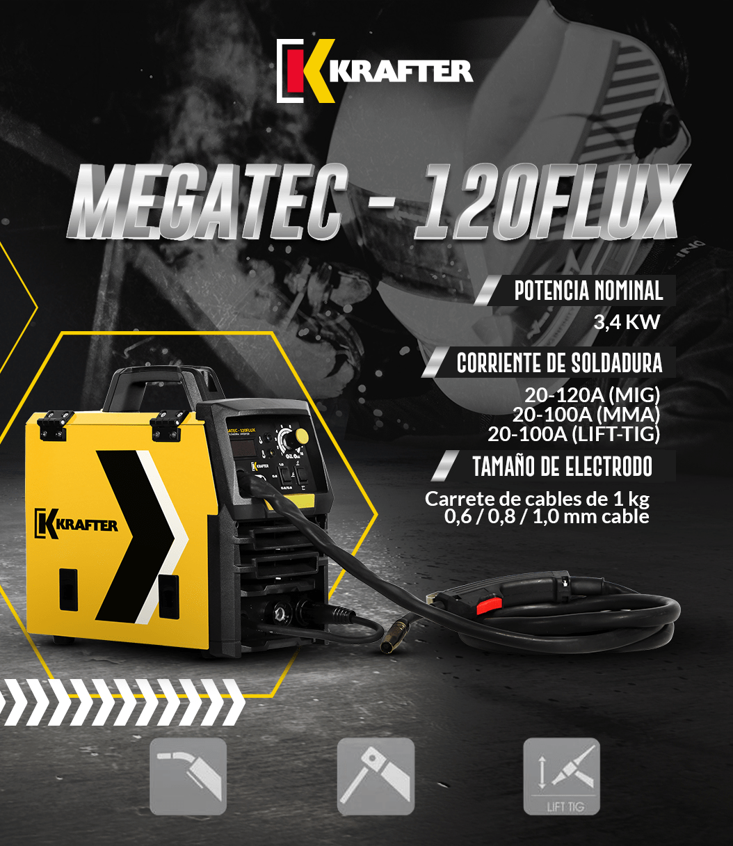 SOLDADORA MIG KRAFTER MEGATEC120FLUX CON GAS Y SIN GAS