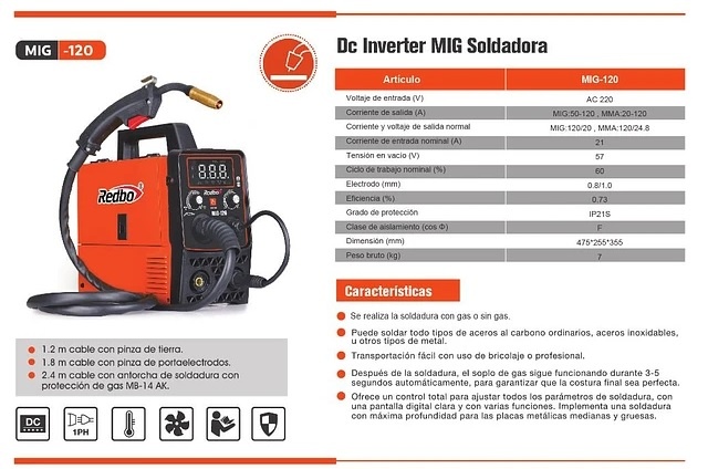 SOLDADORA MIG 120 IGBT DIGITAL REDBO 3 EN 1