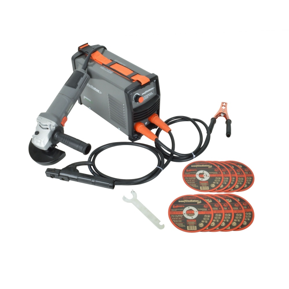 KIT SOLDADORA 200AMP+ESMERIL 4,5′; + DISCOS IE 6200 GLADIATOR