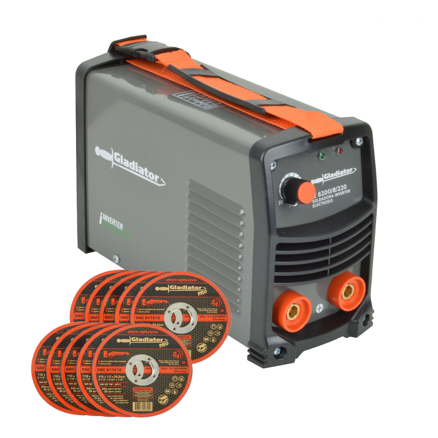 KIT SOLDADORA 200 amp + 10 DISCOS IE 6200/8/220 GLADIATOR