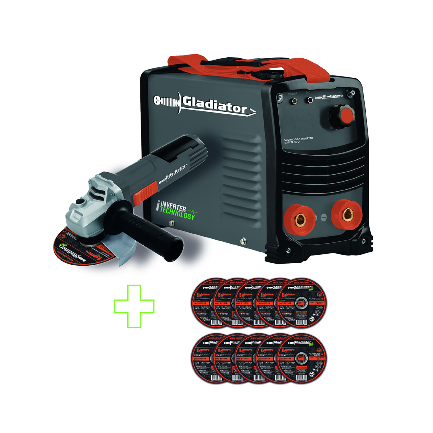 KIT SOLDADORA 200AMP+ESMERIL 4,5′; + DISCOS IE 6200 GLADIATOR